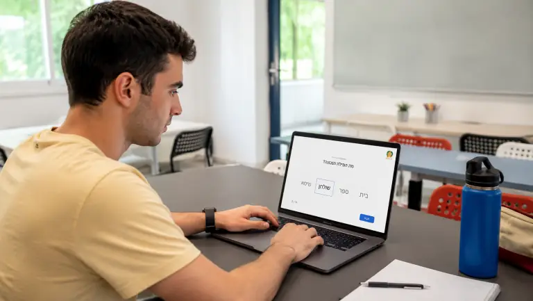 A student taking the free Integraliah Hebrew level test on a laptop