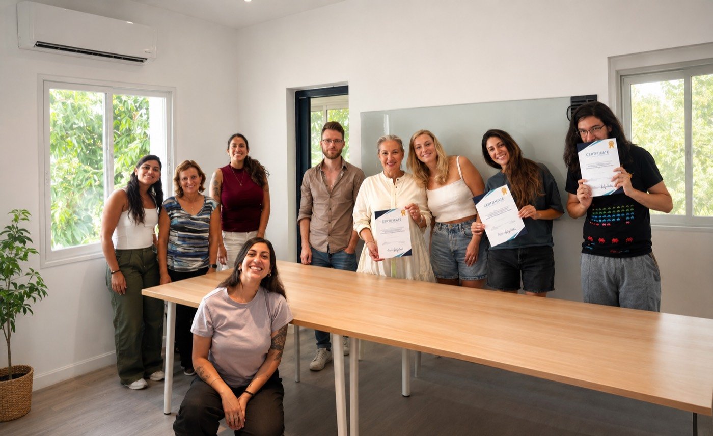 Students practising Hebrew in a small group at the Integraliah classroom in Tel Aviv